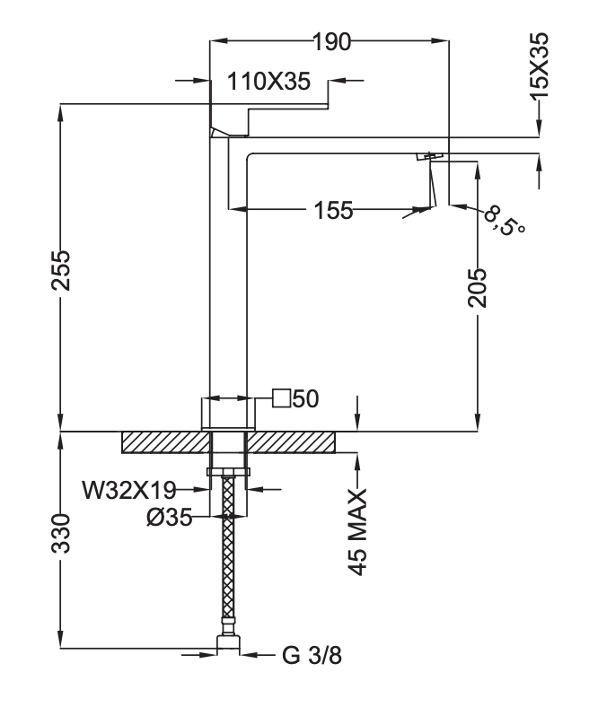 Rubinetto per Lavabo alto con piletta click-clack MIXTECH.mod AURORA