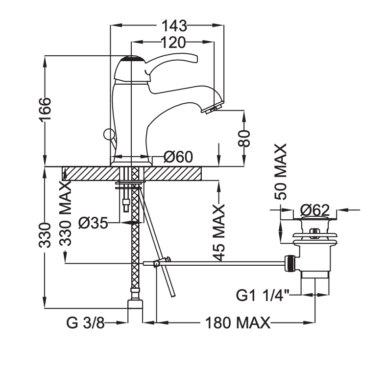 Rubinetto Lavabo con scarico automatico 1.1/4 MIXTECH.mod BORA