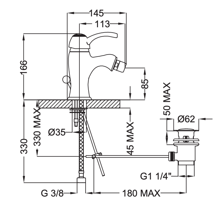 Rubinetto per Bidet con scarico automatico 1.1/4 MIXTECH.mod BORA