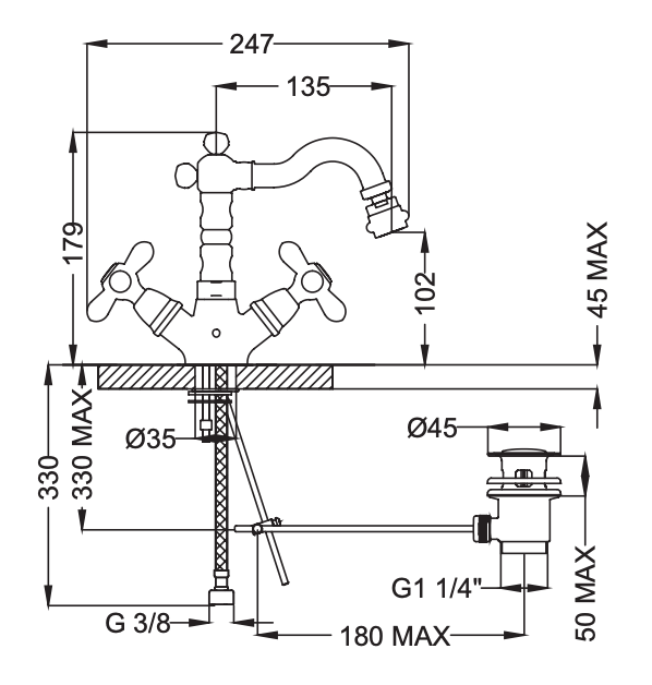 Rubinetto Bidet monoforo bocca tubo con scarico automatico 1.1/4 MIXTECH.mod SCIROCCO