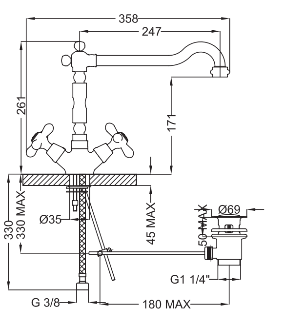 Rubinetto Lavabo monoforo bocca tubo con scarico automatico 1.1/4 MIXTECH.mod SCIROCCO