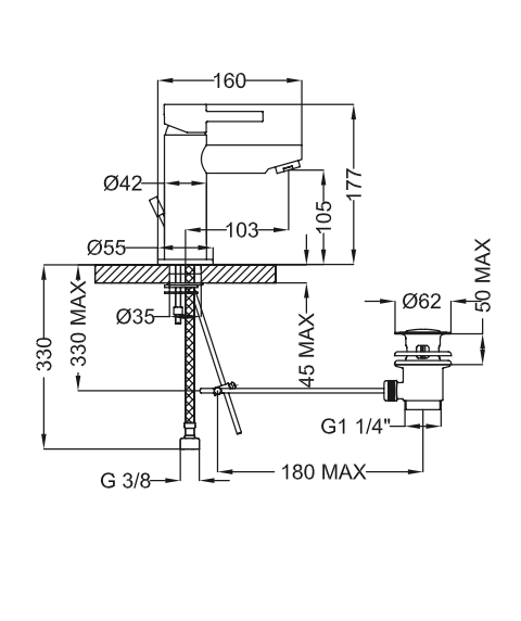 Rubinetto Lavabo con scarico automatico 1.1/4 MIXTECH.mod TRAMONTANA 35
