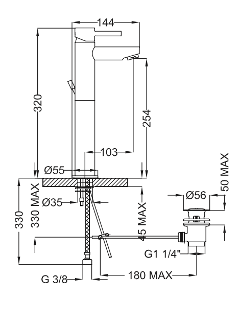 Rubinetto per Lavabo Walto con scarico automatico 1.1/4 MIXTECH.mod TRAMONTANA 35