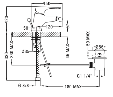 Rubinetto Bidet con scarico automatico 1.1/4MIXTECH.mod CIELO