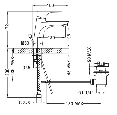 Rubinetto Lavabo con scarico automatico 1.1/4 MIXTECH.mod CIELO