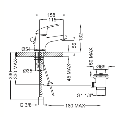 Rubinetto Lavabo con scarico automatico 1.1/4 MIXTECH.mod MAESTRALE