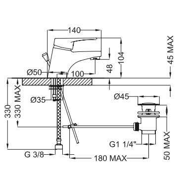 Rubinetto Lavabo con scarico automatico 1.1/4 MIXTECH.mod LEVANTE