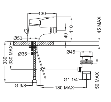 Rubinetto Bidet con scarico automatico 1.1/4 MIXTECH.mod LEVANTE