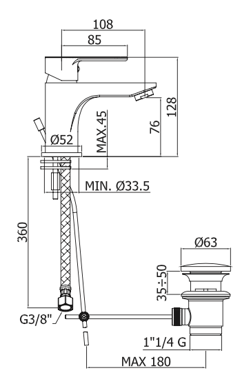 Rubinetto per Lavabo con scarico automatico 1.1/4 PAFFONI.mod BLU