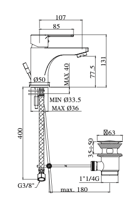 Rubinetto Lavabo con cartuccia water and energy saving e con scarico automatico 1.1/4 PAFFONI.mod RED
