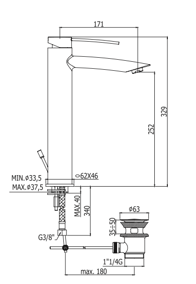 Rubinetto per Lavabo alto 330 mm. con scarico automatico 1.1/4 PAFFONI.mod BERRY