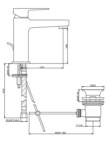 Rubinetto Lavabo con scarico automatico 1.1/4 GABOLI LUIGI.mod KHUGA NERO OPACO