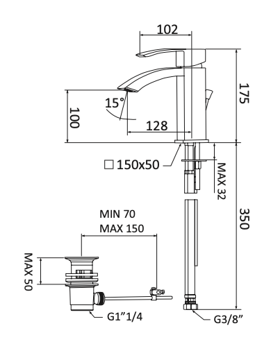 Rubinetto per Lavabo getto a cascata con scarico automatico 1.1/4 MARIANI.mod MARTE