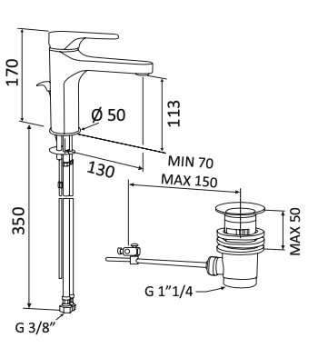 Rubinetto per Lavabo alto con scarico automatico 1.1/4 MARIANI.mod SURF