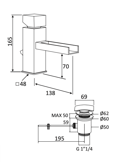 Rubinetto Lavabo getto a cascata con scarico automatico 1.1/4 MARIANI. mod RIVER