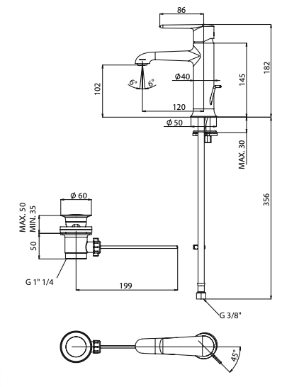 Rubinetto Lavabo con scarico automatico 1.1/4 MARIANI.mod ARMONIA