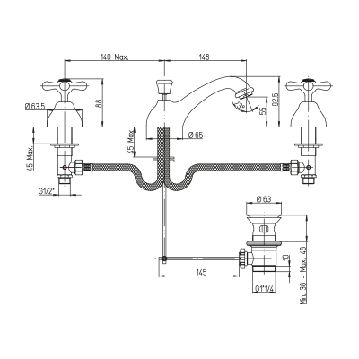 Rubinetto lavabo 3 fori, scarico 1”1/4 mod. Sofia