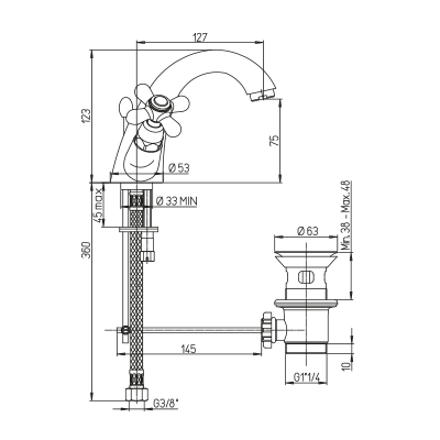 Rubinetto lavabo monoforo, scarico 1”1/4 PIRALLA . mod Sofia