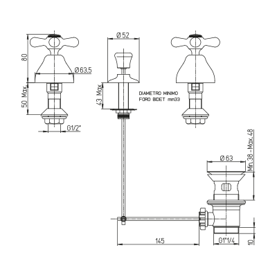 Piralla mod. Sofia Batteria bidet 3 fori, scarico 1”1/4
