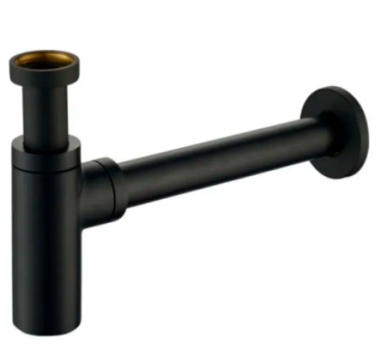 Sifone lavandino tondo d'arredo in ottone nero opaco senza piletta per lavabo modello visual eco da 1-1/4"