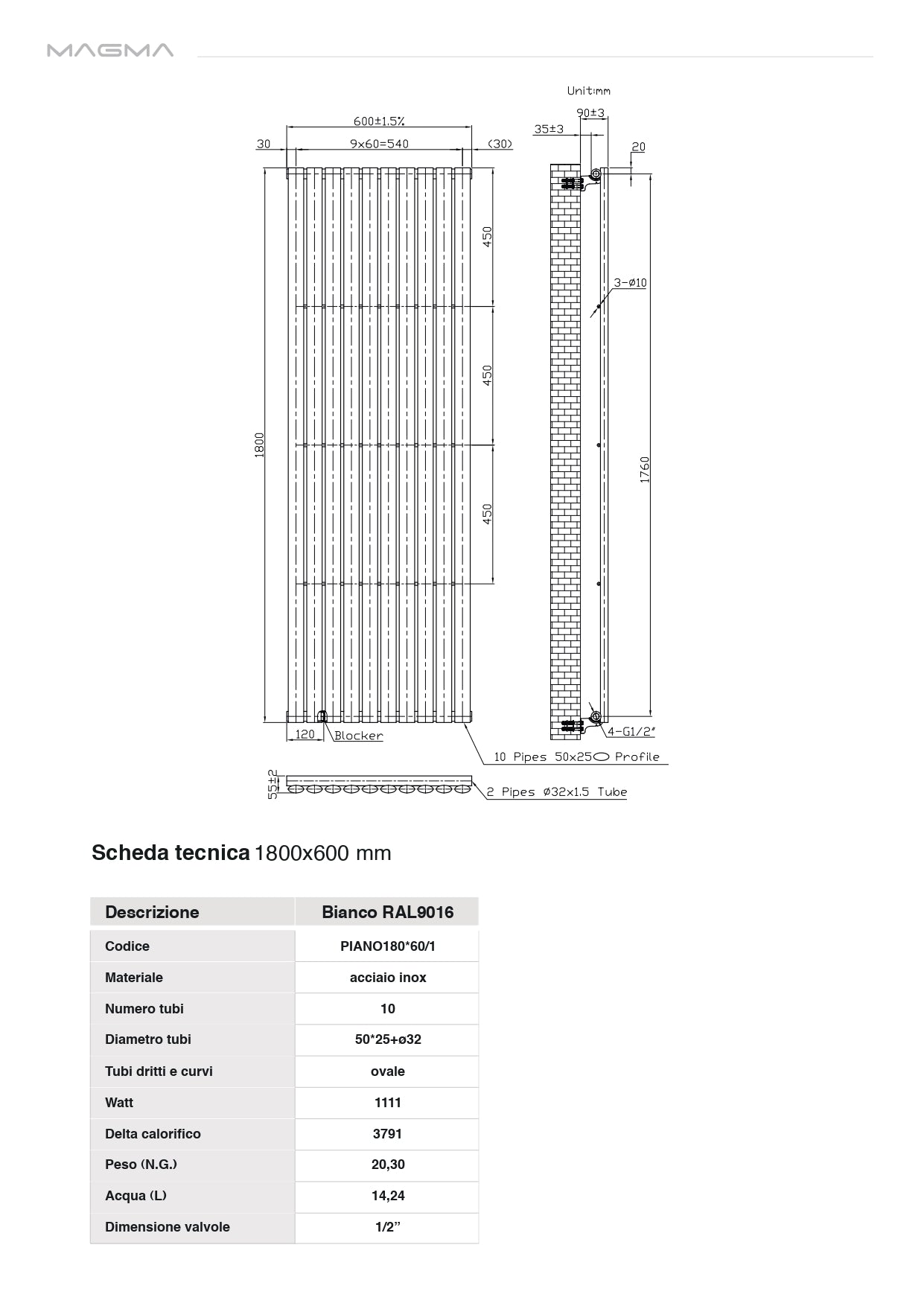 Radiatore termoarredo di design idraulico bianco modello Piano 1800x600 mm Watt 1111