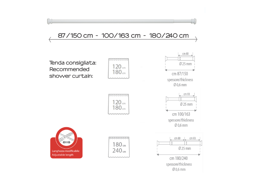 Asta estensibile bianco matt 87÷150 / 100÷163 / 180÷240