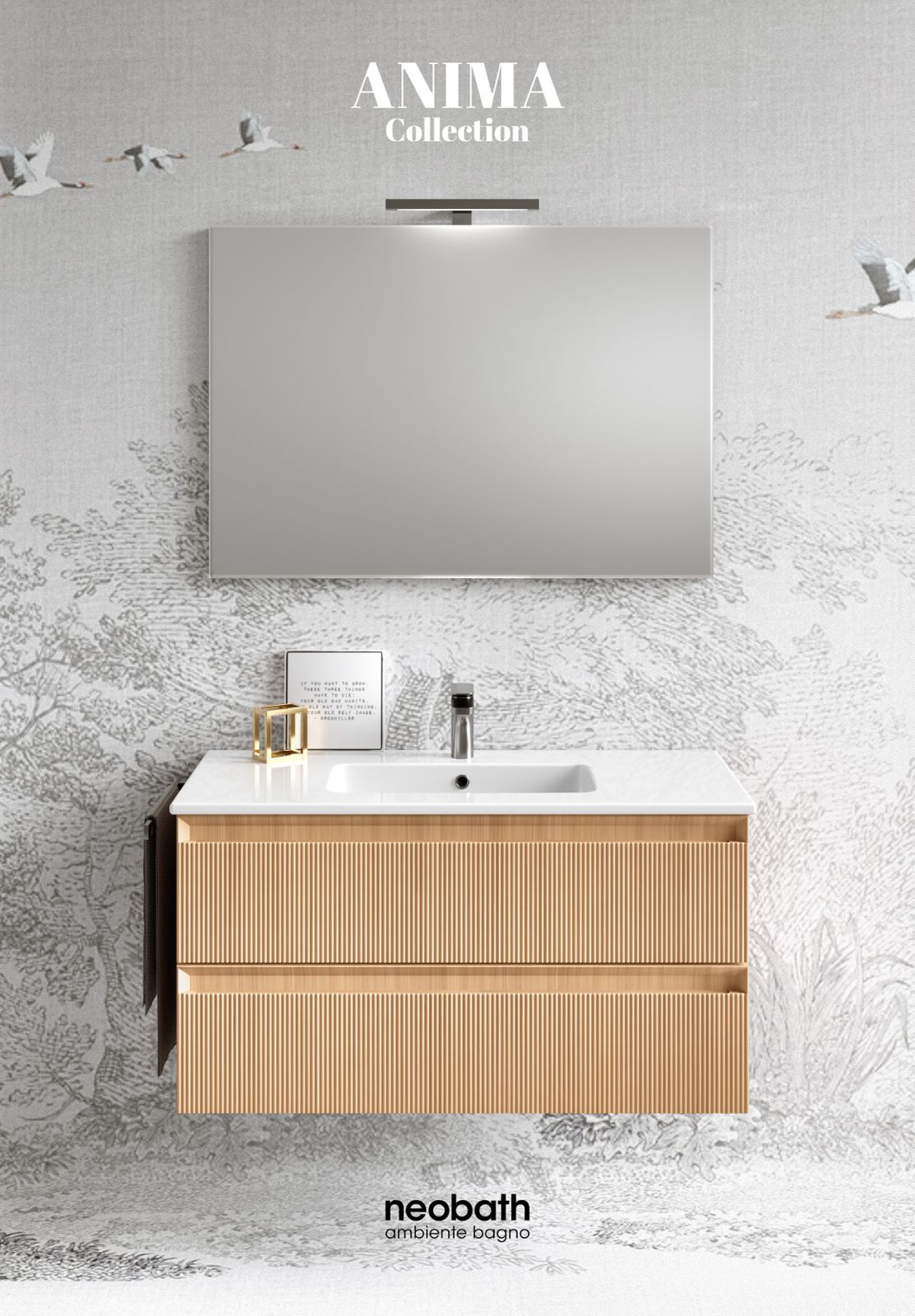 Mobile Bagno Sospeso 60-80-100-120 cm NEOBATH Anima con finitura cannettata con Lavabo in Ceramica, Specchio e lampade. Colore rovere alba