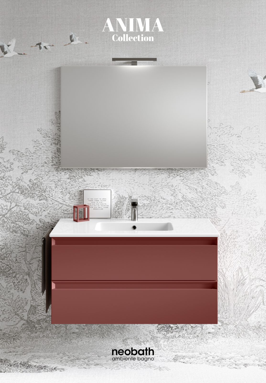 Mobile Bagno Sospeso 60-80-100-120 cm NEOBATH Anima con finitura liscia con Lavabo in Ceramica, Specchio e lampade. Colore Terra Rossa