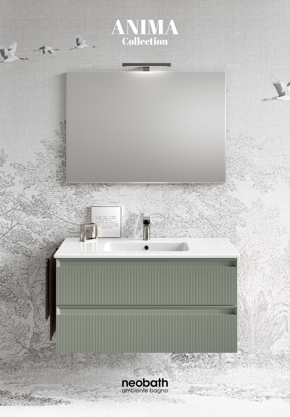 Mobile Bagno Sospeso 60-80-100-120 cm NEOBATH Anima con finitura cannettata con Lavabo in Ceramica, Specchio e lampade. Colore verde agave