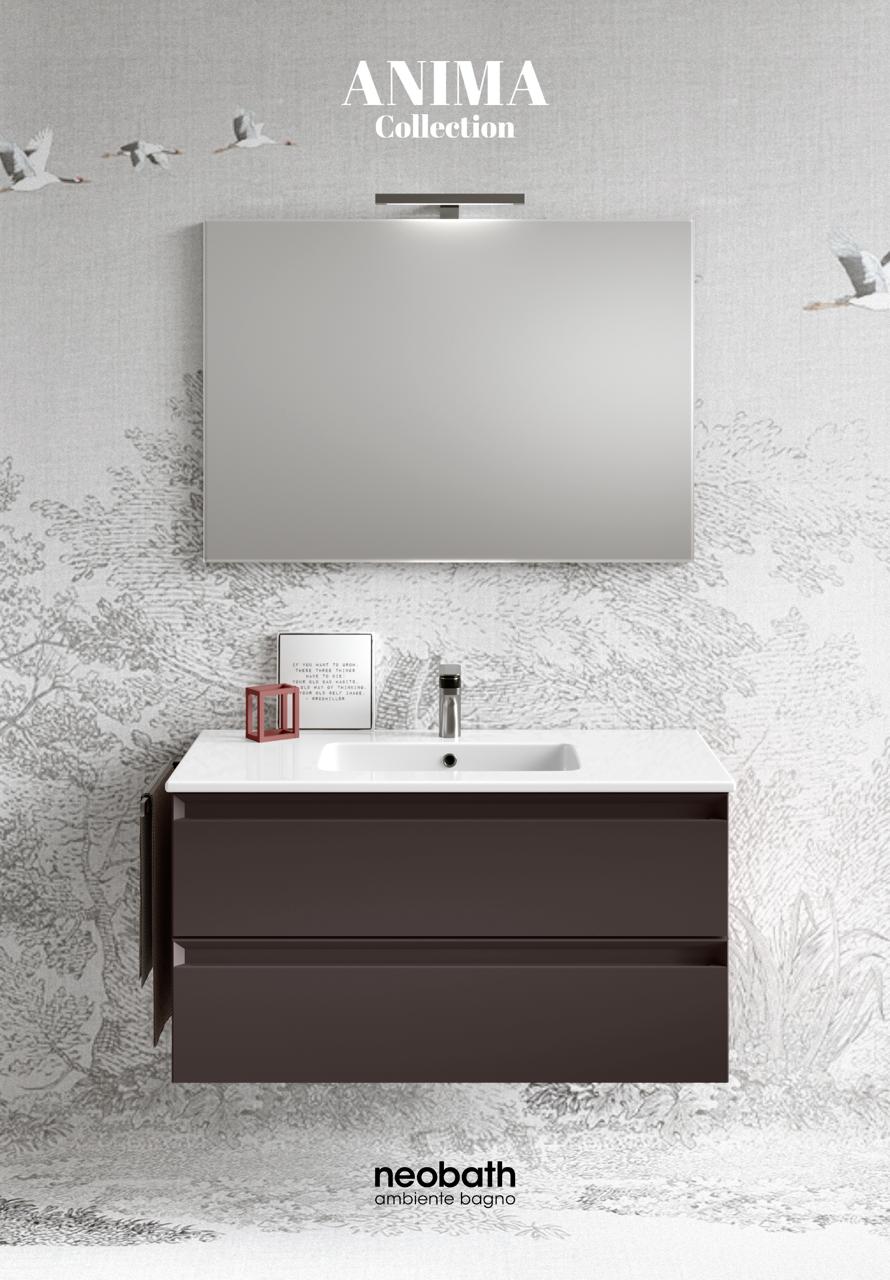Mobile Bagno Sospeso 60-80-100-120 cm NEOBATH Anima con finitura liscia con Lavabo in Ceramica, Specchio e lampade. Colore grigio vulcano