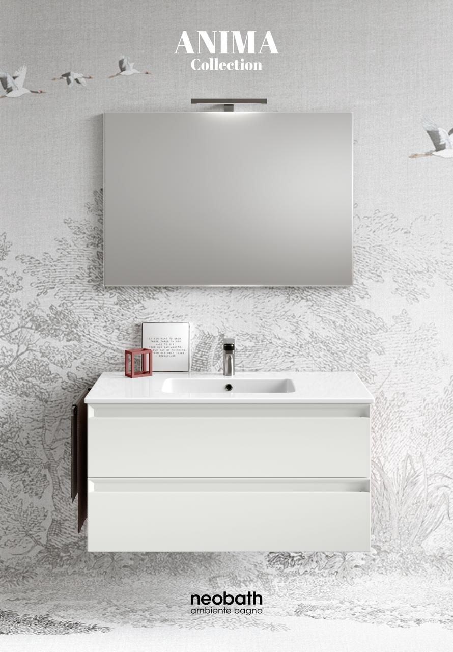 Mobile Bagno Sospeso 60-80-100-120 cm NEOBATH Anima con finitura liscia con Lavabo in Ceramica, Specchio e lampade. Colore bianco gesso
