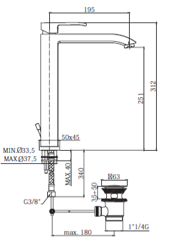 Rubinetto per lavabo altro monoforo con scarico 1”1/4- PAFFONI. mod LEVEL